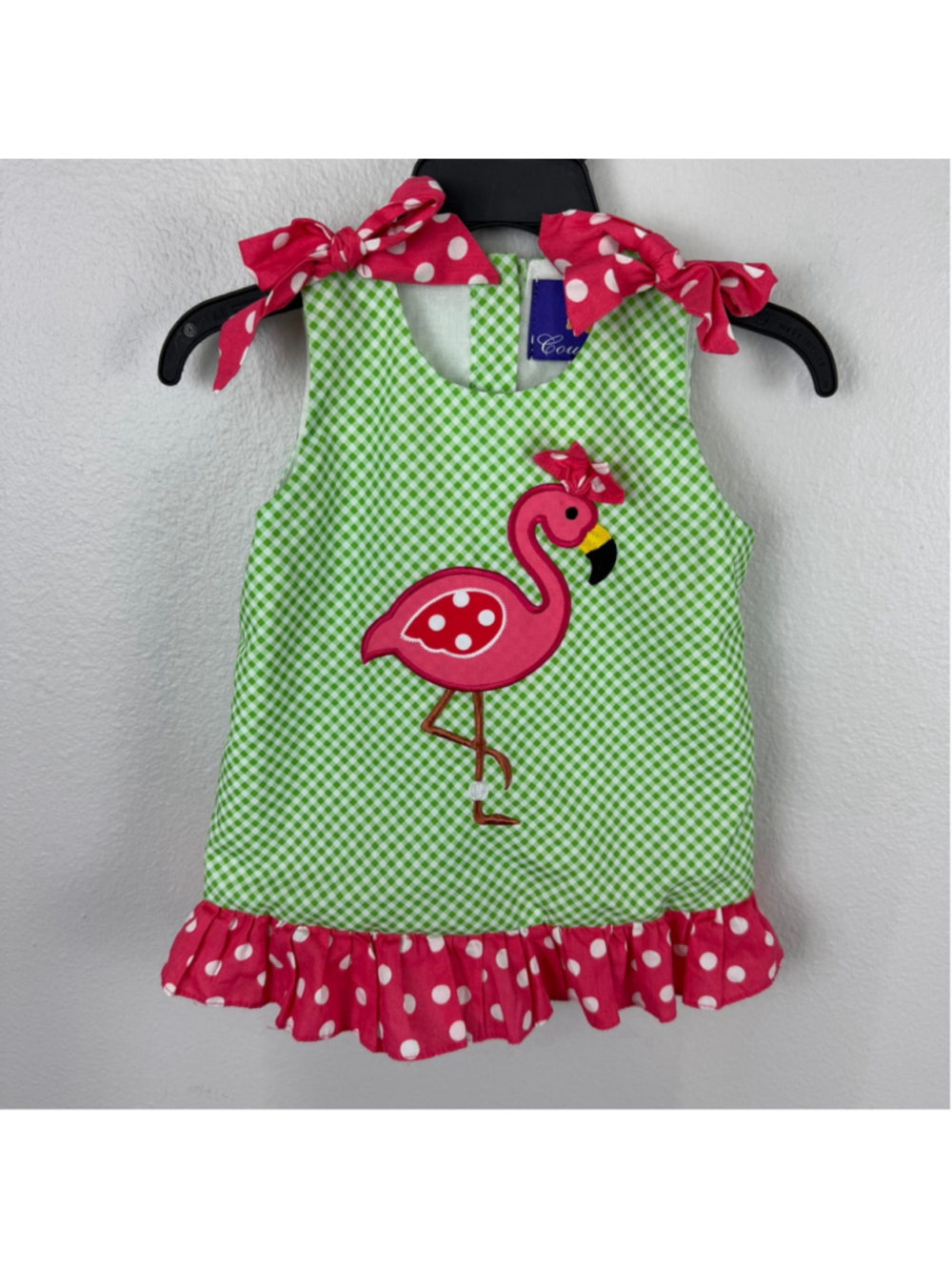 La De Da Coutures Baby Girls 6M Green Gigham Flamingo Polka Dot Bow Jumper Dress